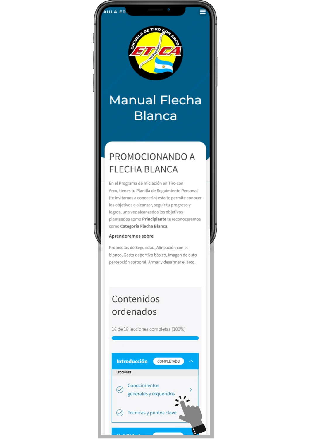 Vista del contenido del Aula Virtual ETCA — Manual Flecha Blanca